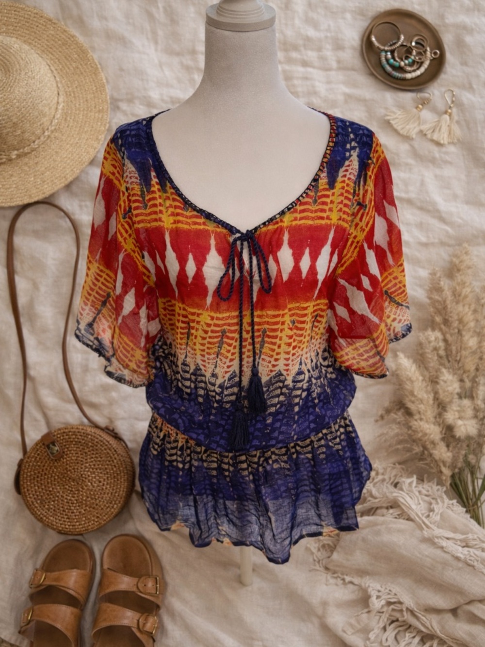 Bandolino Red, Yellow & Navy Printed Tie-Front Top